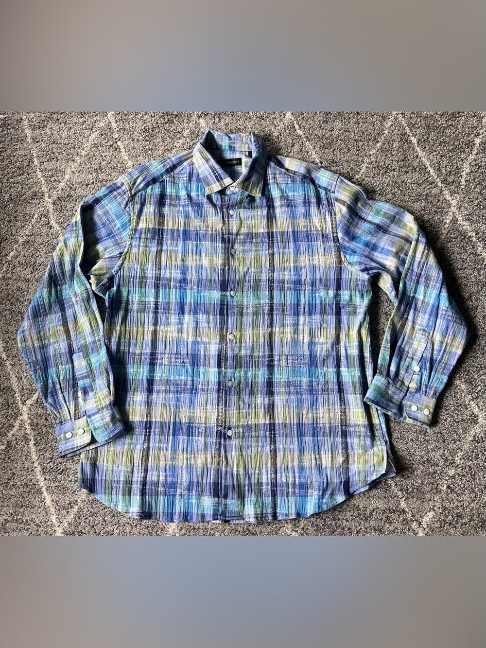 Vintage Jhane Barnes Blue Green Plaid Button-Down Shirt Crinkle Textured Cotton